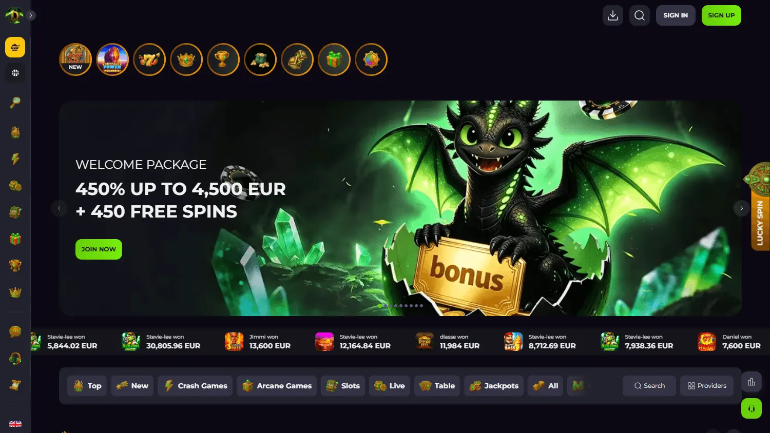 Drakaris Casino desktop home screen