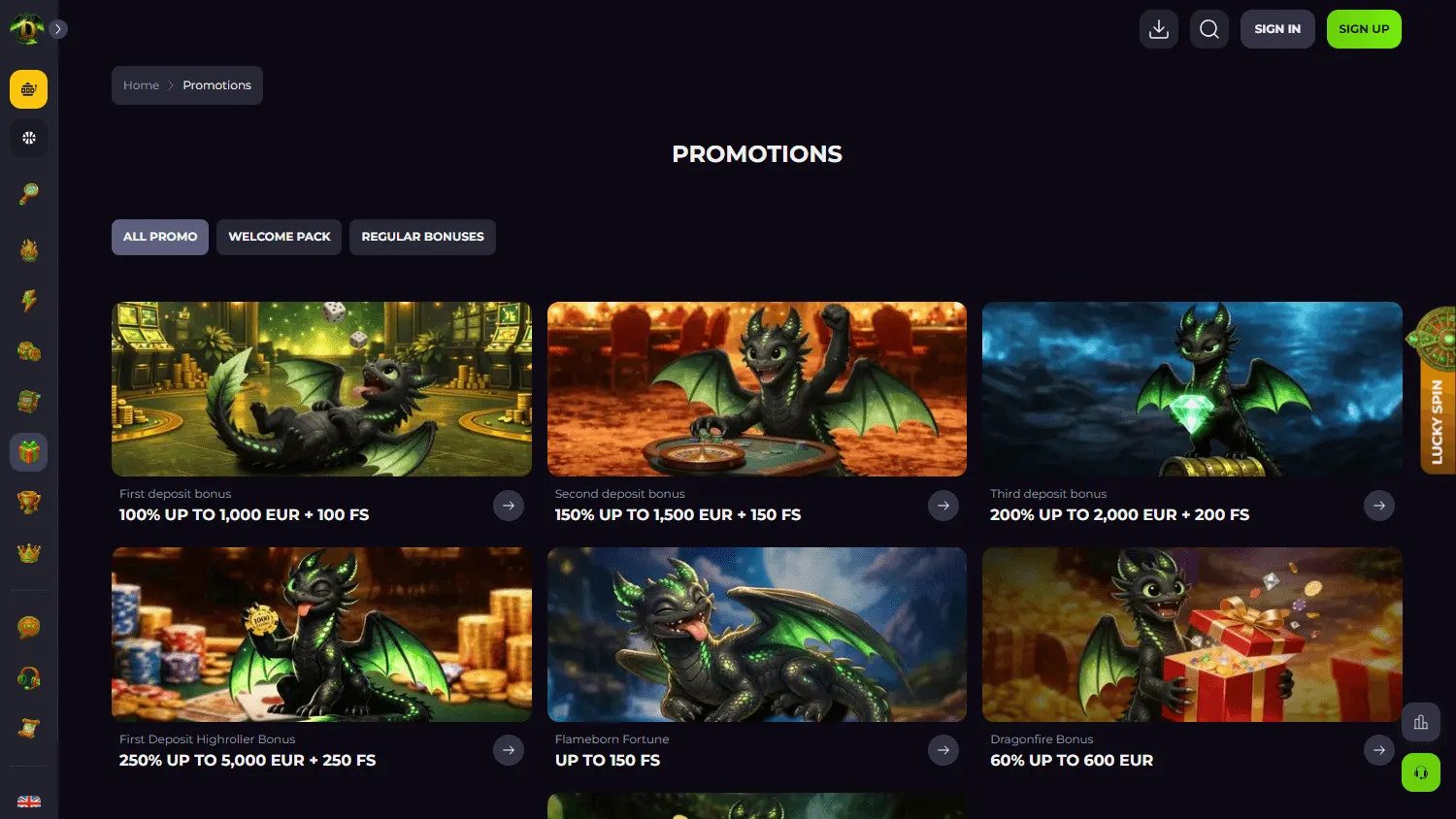 Drakaris Casino desktop promotions screen