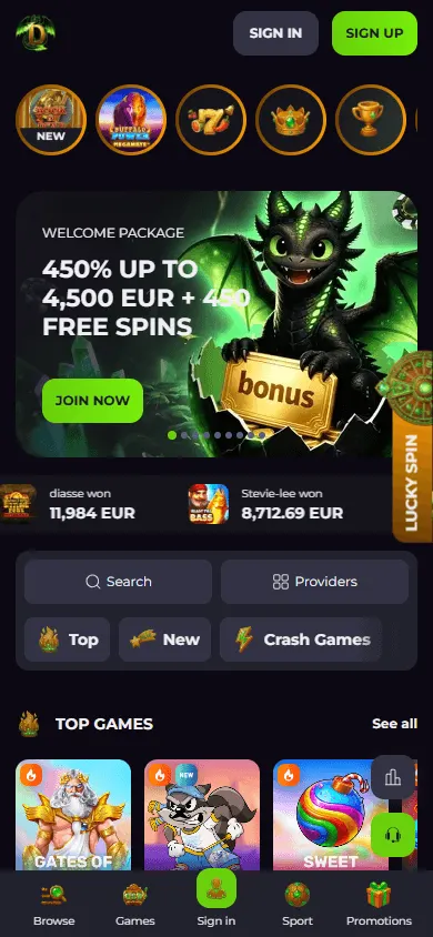 Drakaris Casino mobile home screen